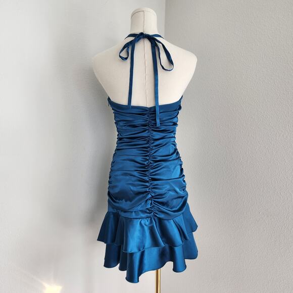 Jessica McClintock Y2K Teal Satin Halter Ruffle Drop Waist Mini Homecoming Dress - Picture 7 of 10